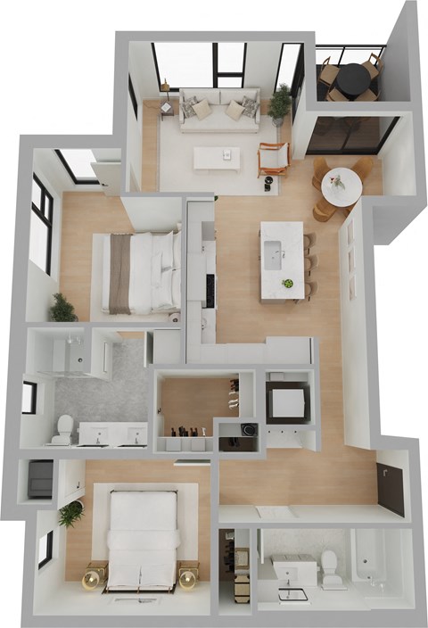 a floor plan of a two bedroom apartment with two bathrooms and a living room with a dining